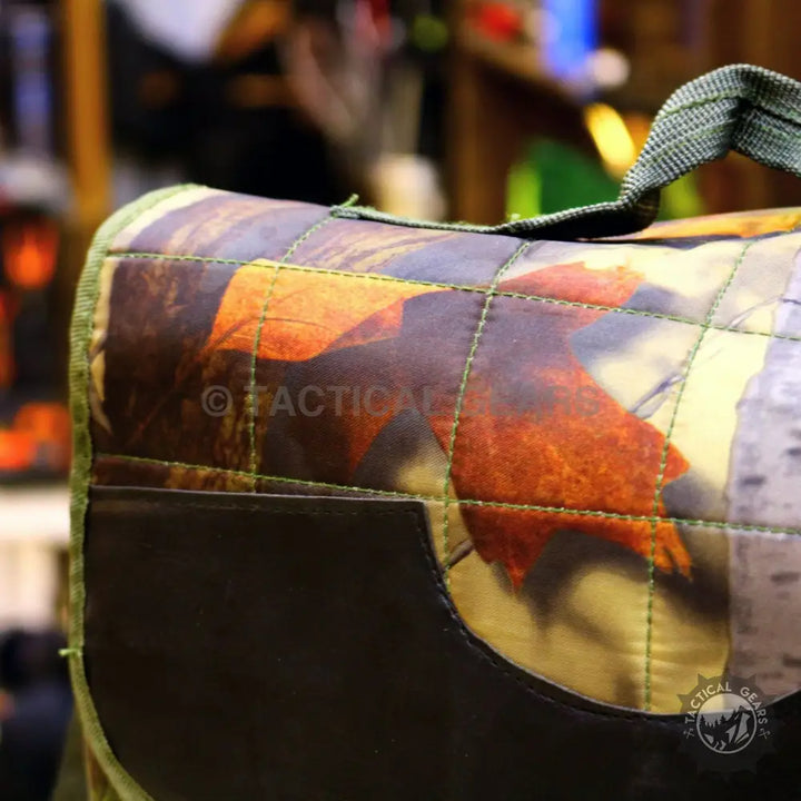 Quilted Camouflage Small Duffle with Dark Brown Bottom Panel and Green Strap