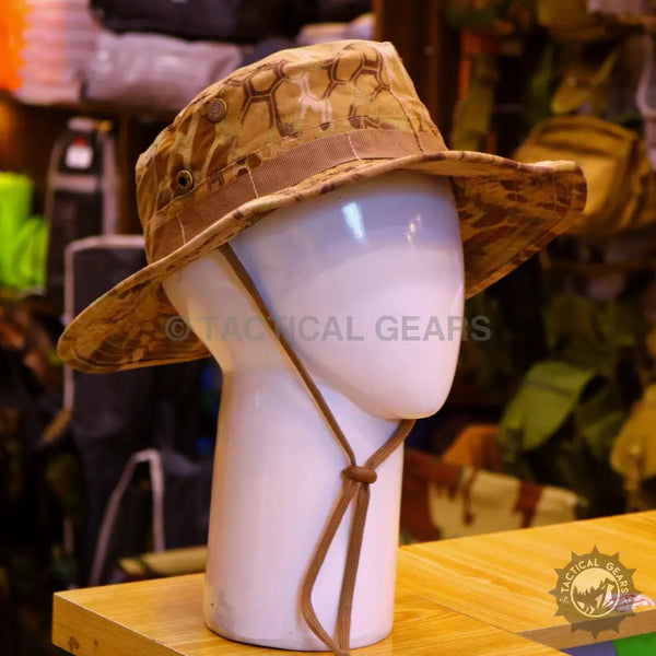 Beige camouflage boonie hat with chin strap, ideal for Army Summer Hat collection