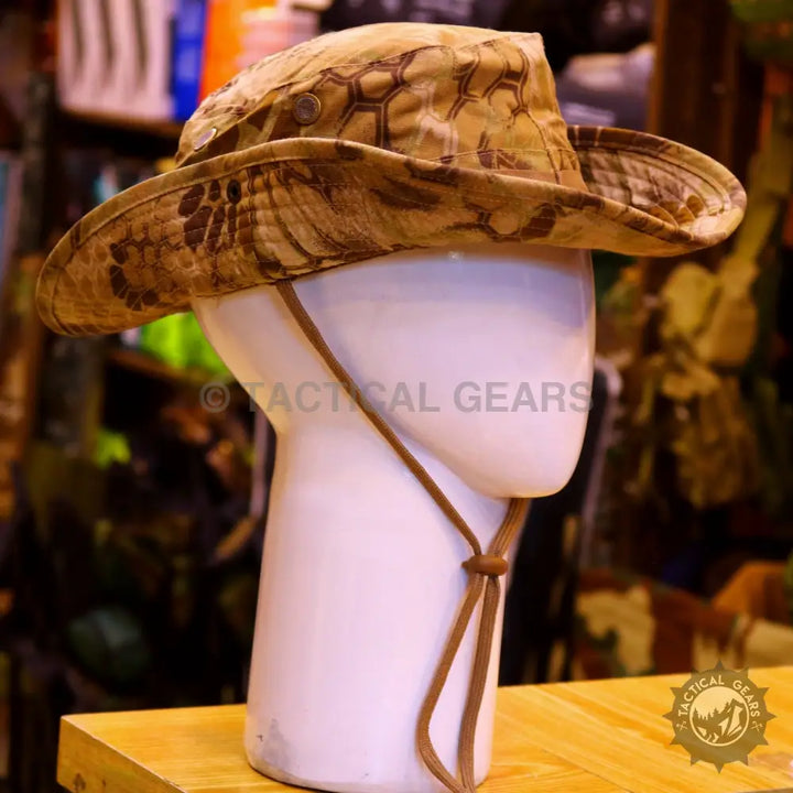 Tan and brown camouflage boonie hat with chin strap, perfect army summer hat for outdoor activities