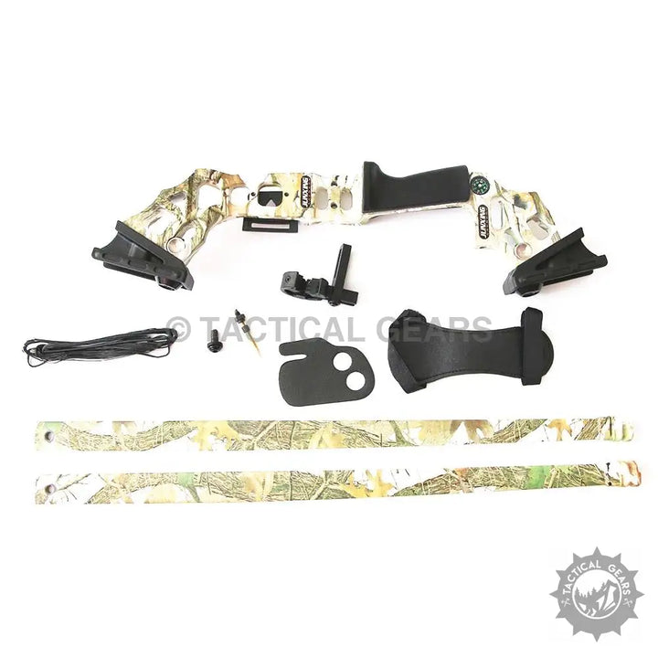 Disassembled camouflage bow with accessories for archery in the Junxing Straight Bow product