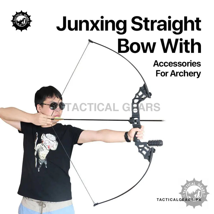 Black recurve bow with arrow held by archer in shooting position for Junxing Straight Bow