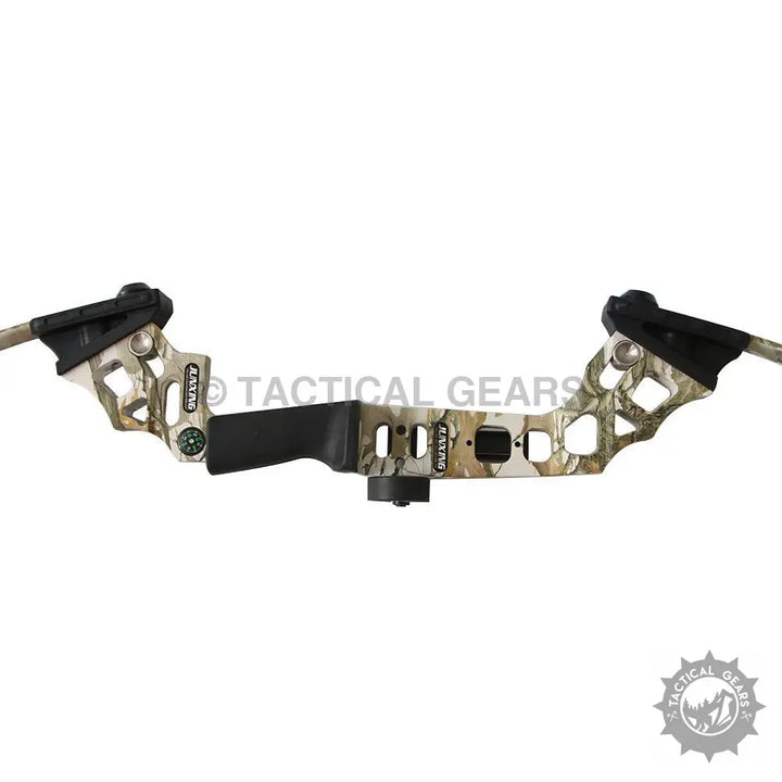 Camouflage compound bow riser with black grip and limb pockets for archery enthusiasts