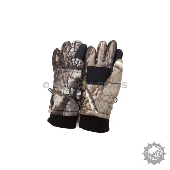 Camouflage winter fishing gloves with trigger finger design and black cuffs