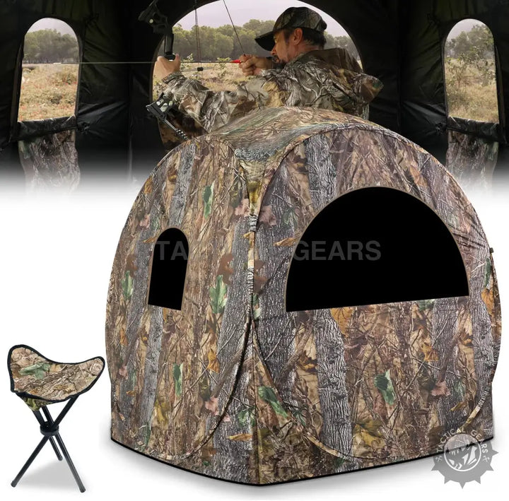 Camouflage hunting tent with multiple windows and matching folding stool for hunting
