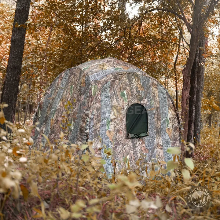 Camouflage hunting tent with window for concealed hunting in outdoor environments