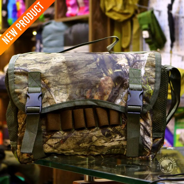 Camouflage Mega Duffle hunting bag with exterior shell loops and buckle closures
