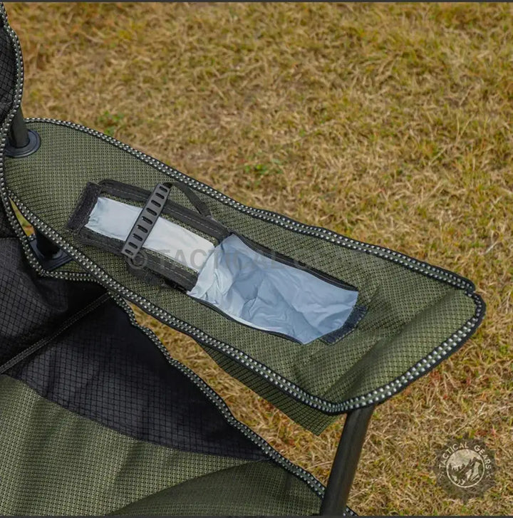 Green Camp Master Folding Chair armrest with insulated cup holder and mesh pocket