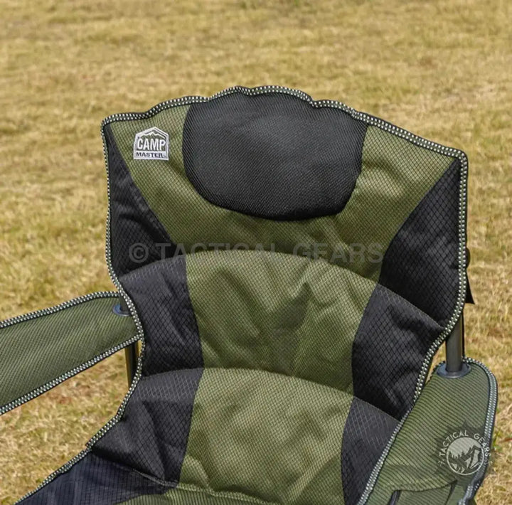 Olive green and black padded Camp Master Folding Chair for camping and outdoor use