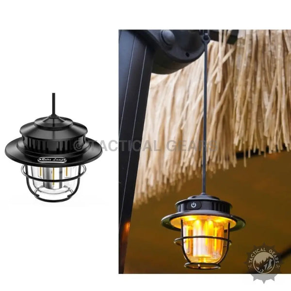 Black vintage-style LED camping lantern with clear glass shade and metal cage for camping