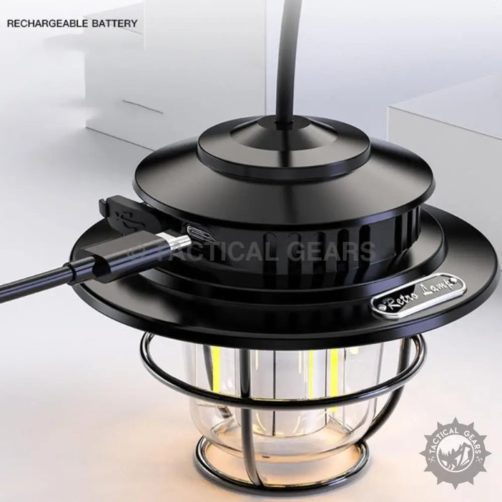 Black rechargeable camping LED vintage hanging lantern with USB-C port for outdoor camping