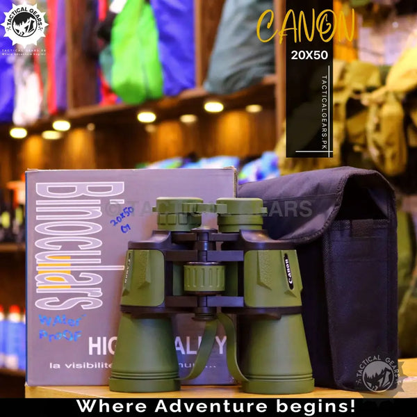 Olive green Canon 20x50 binoculars with black accents, carrying case, and packaging