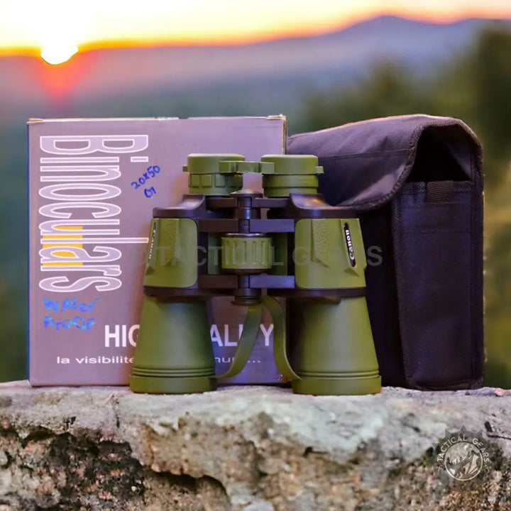 Olive green Canon 20x50 binoculars with matching carrying case and box