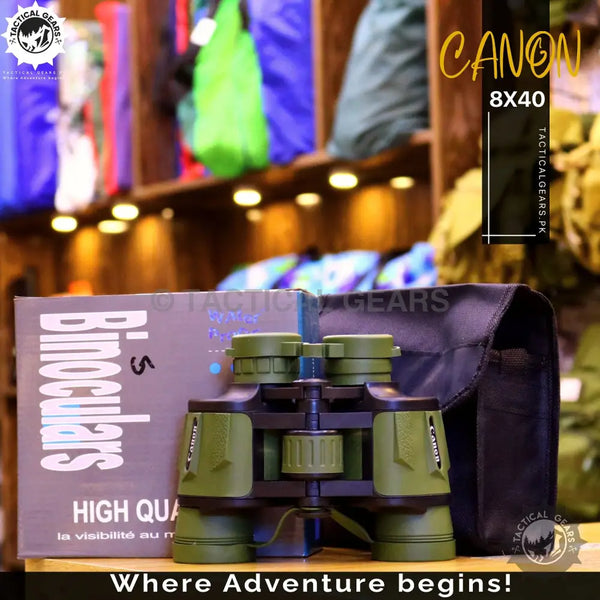 Canon 8x40 binoculars with green finish and black carrying case for outdoor viewing