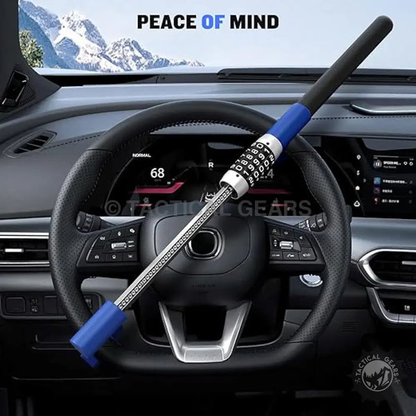 Blue and silver steering wheel lock with combination dial for enhanced car anti-theft protection