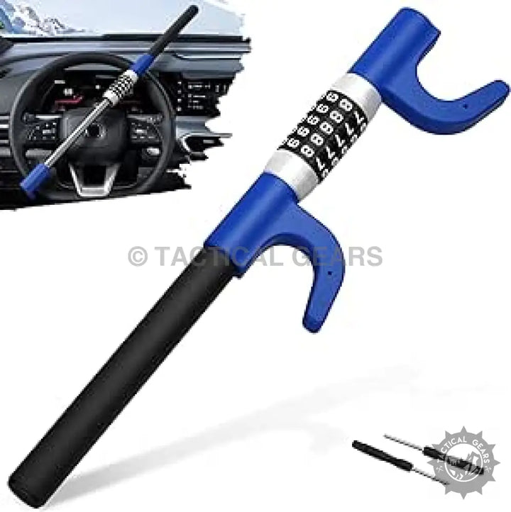 Blue and black extendable steering wheel lock with combination dial for car security