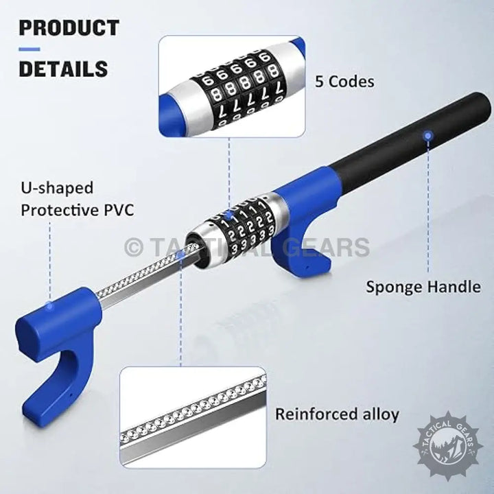 Blue and black extendable steering wheel lock with 5-digit password lock and reinforced alloy shaft