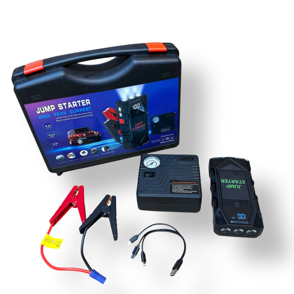 Portable Car Jump Starter with Tire Inflator and Accessories for Emergency Car Repairs
