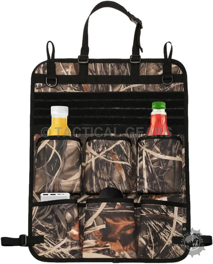 Camo-patterned tactical car seat organizer with multiple pockets and straps for storage
