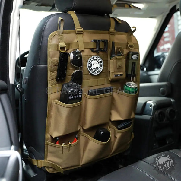 Tan tactical MOLLE seat back organizer with multiple pouches for car seat storage