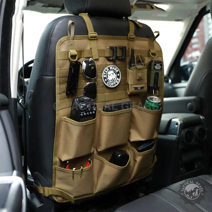Tan tactical MOLLE seat back organizer with multiple pouches for car seat storage