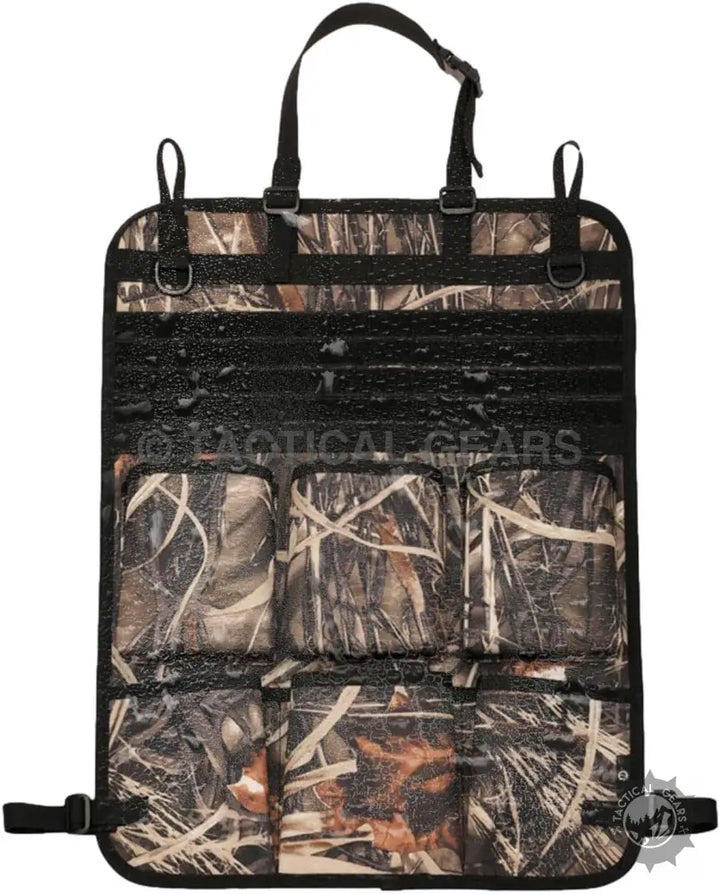 Camo-patterned tactical car seat organizer with multiple pouches and top handle