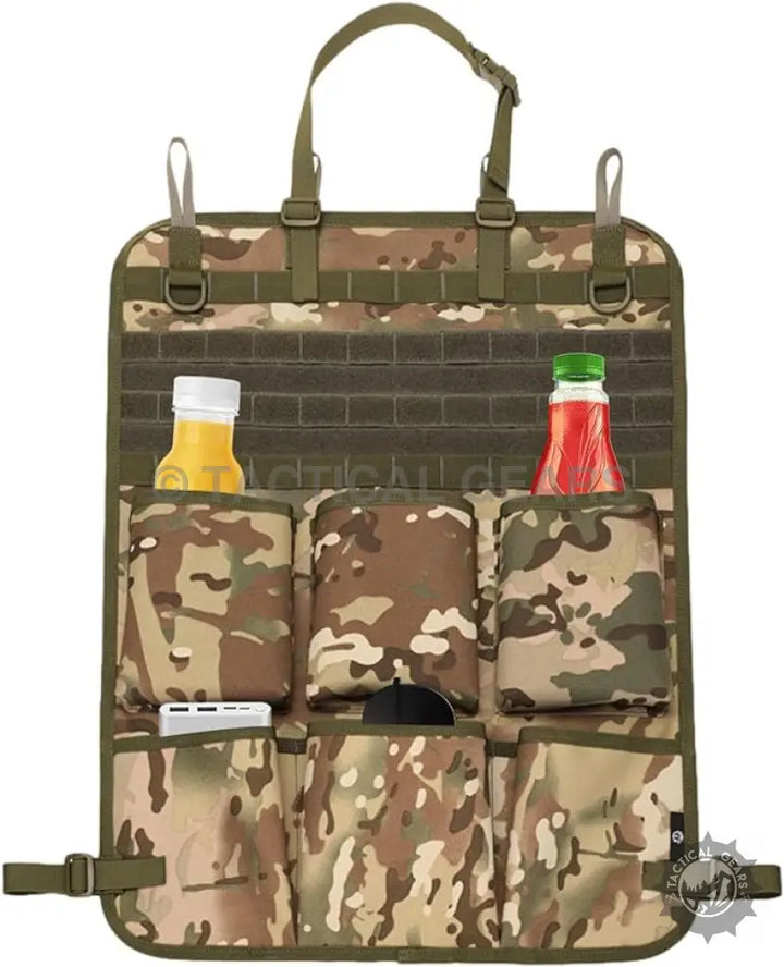Multicam camouflage tactical MOLLE panel car seat organizer with multiple pockets and bottle holders