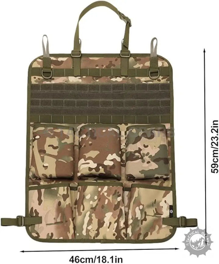Multicam camouflage tactical MOLLE car seat organizer with multiple pouches for seat organizer use