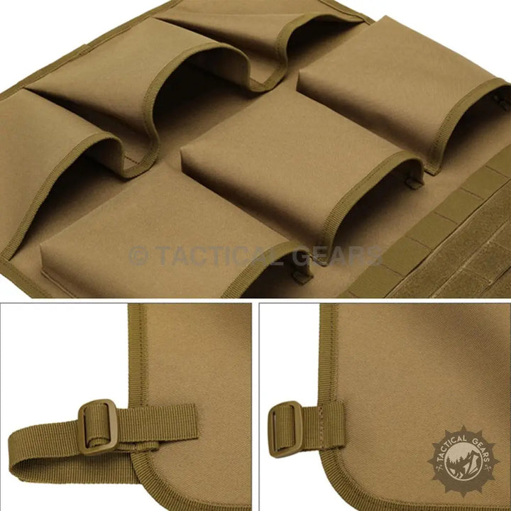 Tan molle car seat organizer with multiple pouches and adjustable straps for storage