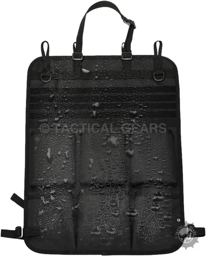 Water-resistant black car seat organizer with multiple pouches and attachment straps