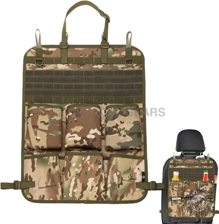 Camouflage tactical car seat organizer with multiple pouches and MOLLE webbing for vehicle storage