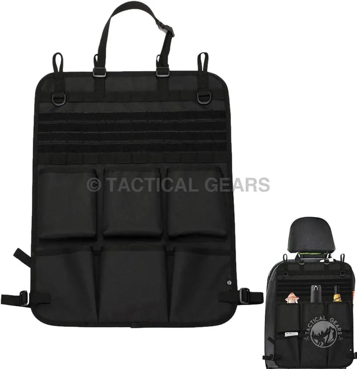 Black tactical car seat organizer with multiple pockets and tan molle for storage