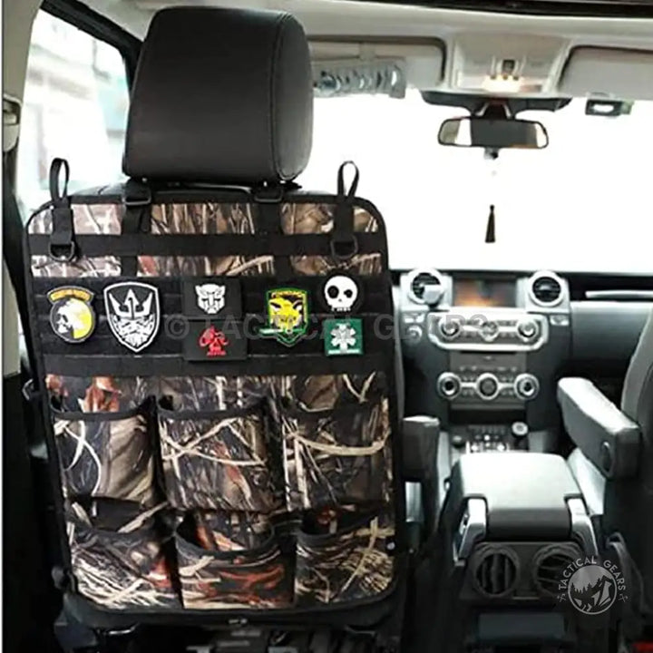 Camouflage tactical MOLLE seat back organizer with pouches for car seat storage
