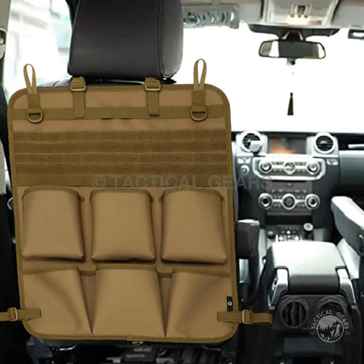 Tan tactical MOLLE seat back organizer with six pockets for car seat storage