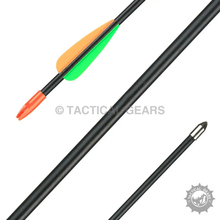 Black archery practice arrows with orange and green fletching and silver tips for archery practice