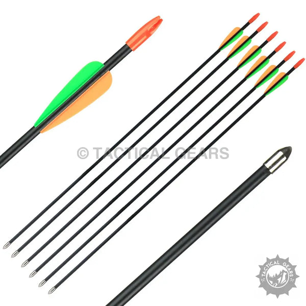 Black carbon archery practice arrows with orange nocks, green and orange fletching, and silver field points
