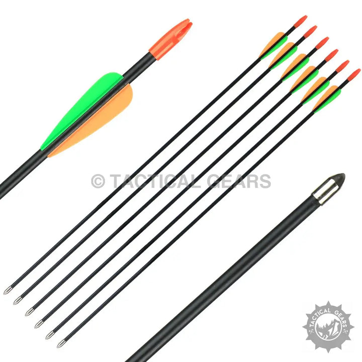 Black carbon archery practice arrows with orange nocks, green and orange fletching, and silver field points