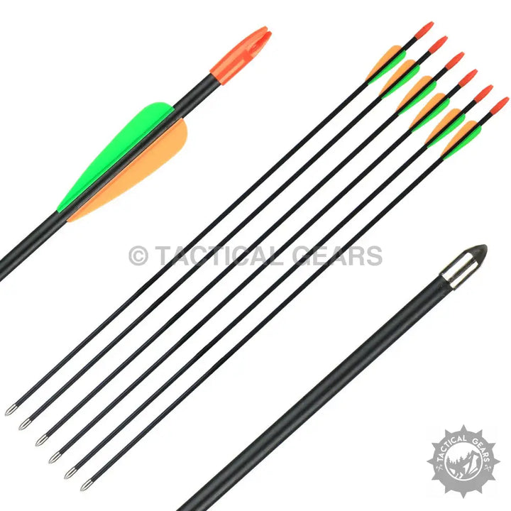 Set of six black archery practice arrows with orange nocks, green and orange fletching