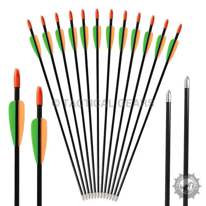 Set of twelve black archery practice arrows with orange and green fletching and field points
