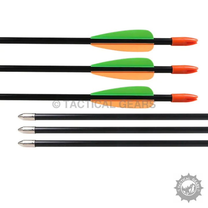 Black archery practice arrows with green and orange fletching and silver tips