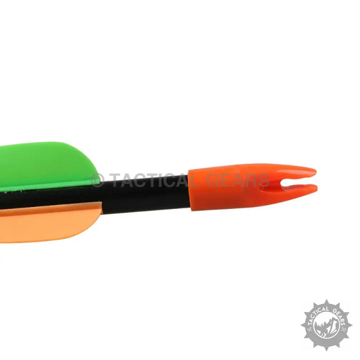Black archery practice arrow with green and orange fletching and orange nock for archery practice
