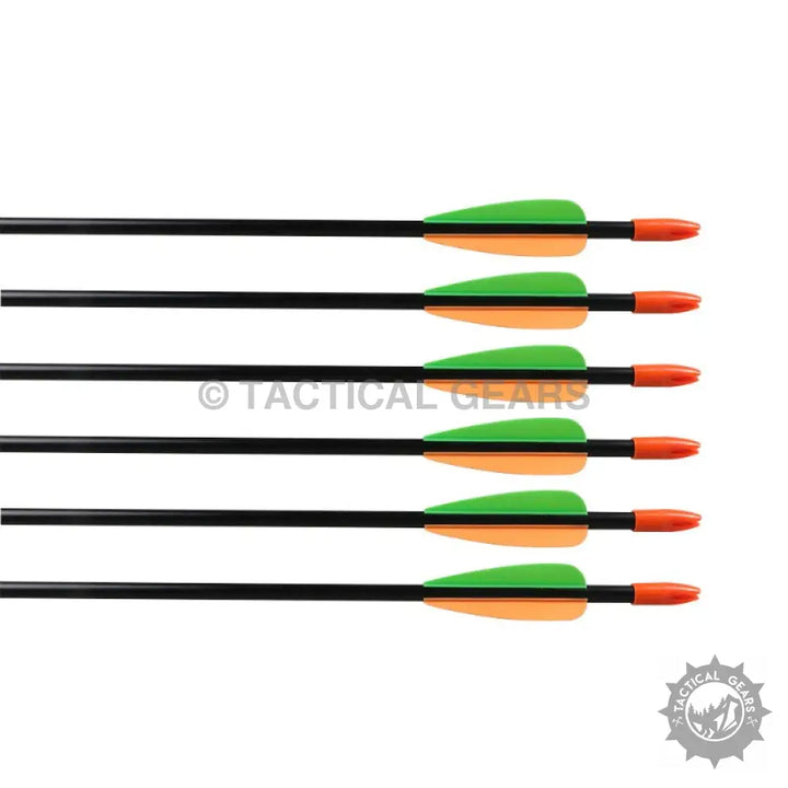 Six black archery practice arrows with green and orange fletching and orange nocks
