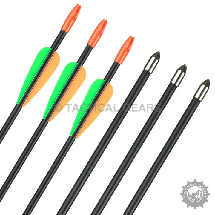 Set of six black archery practice arrows with orange nocks, green and orange fletchings, and silver field points