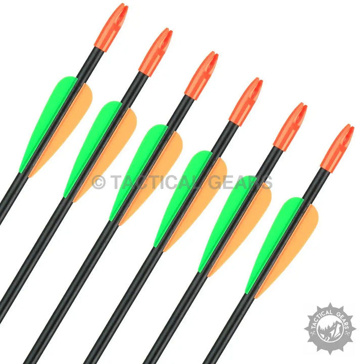 Six black archery practice arrows with orange nocks and green and orange fletching for archery practice