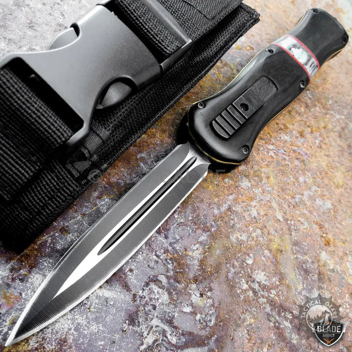 Black automatic dagger with double-edged spear point blade for combat OTF knives