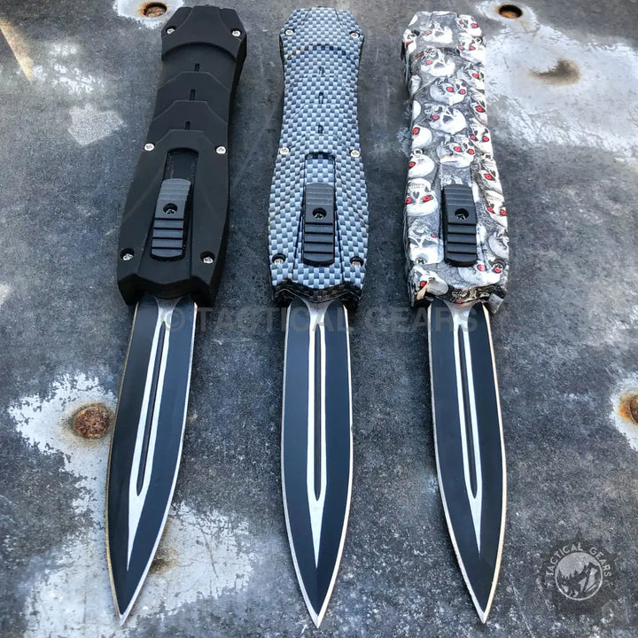 Combat OTF Knives featuring black, carbon fiber, and skull-patterned handles