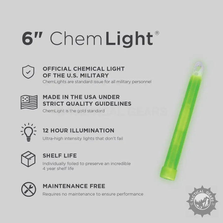 Green 6-inch ChemLight chemical light stick with military-grade features and 4-year shelf life