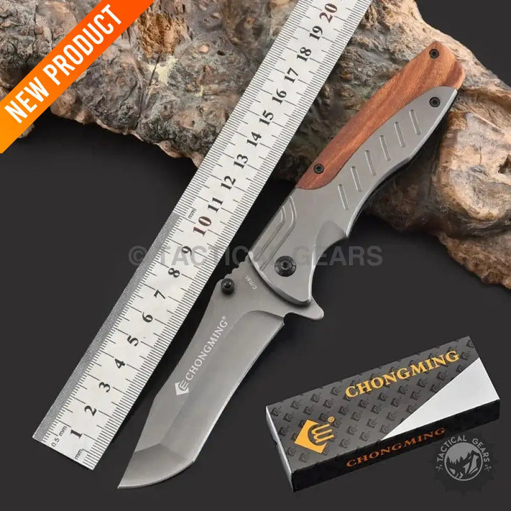 Chongming wood handle pocket knife with gray metal blade and wood and metal handle