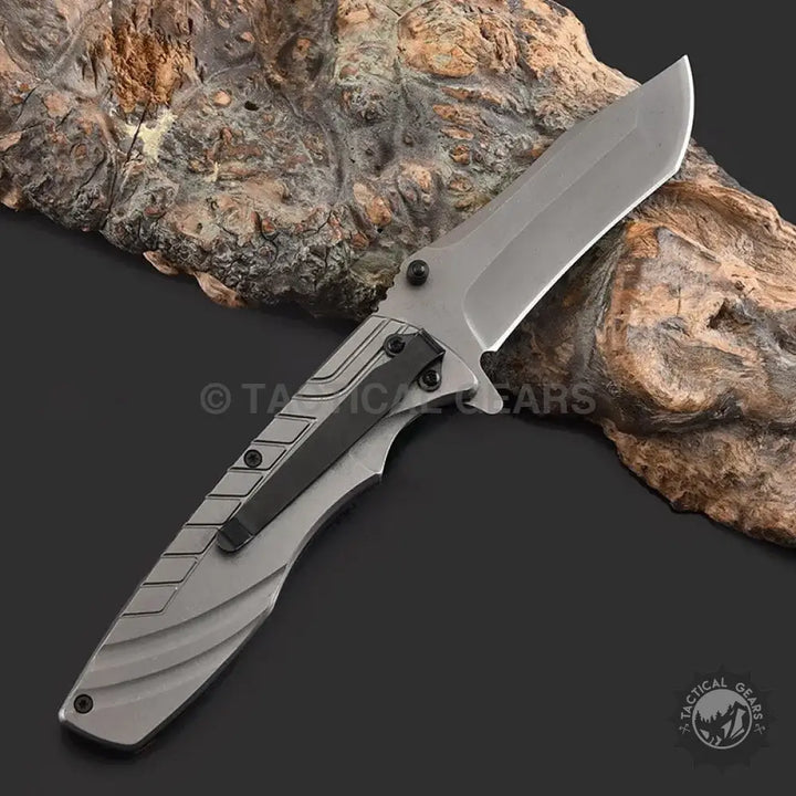 Gray tactical folding knife with chongming wood handle and pocket clip for handle pocket use