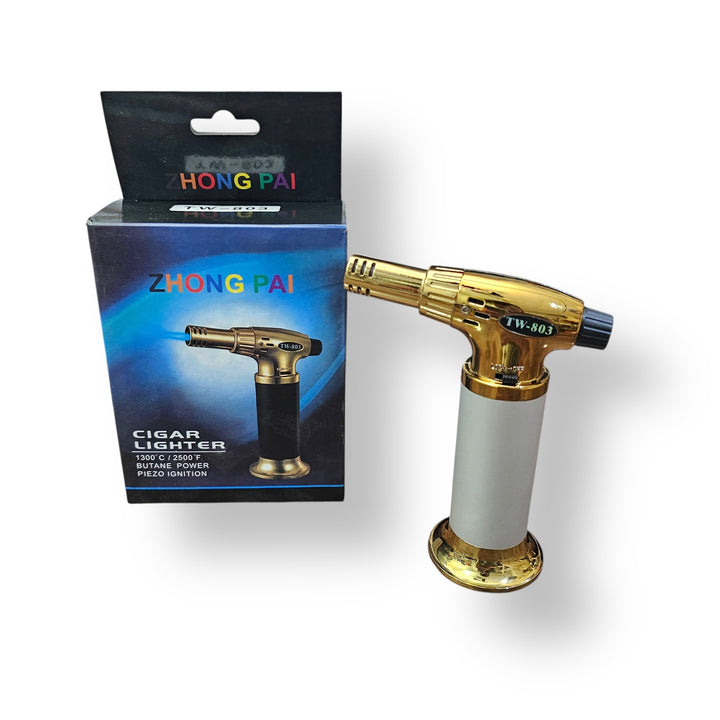 Gold and white butane cigar lighter with black tip, an imported cigar lighter for cigars