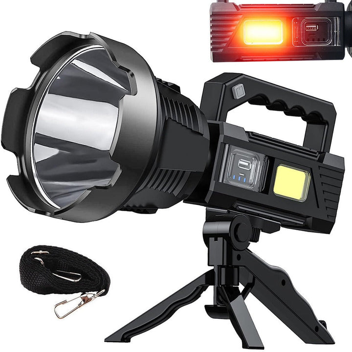 Coba 100W Long Shot Spotlight with tripod, side COB light, and built-in power bank